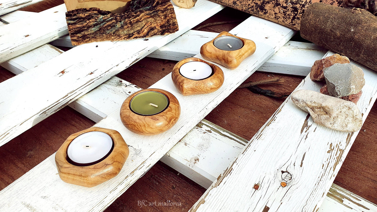 Olive Wood Tealight Candle Holder Set, Handmade Centerpiece