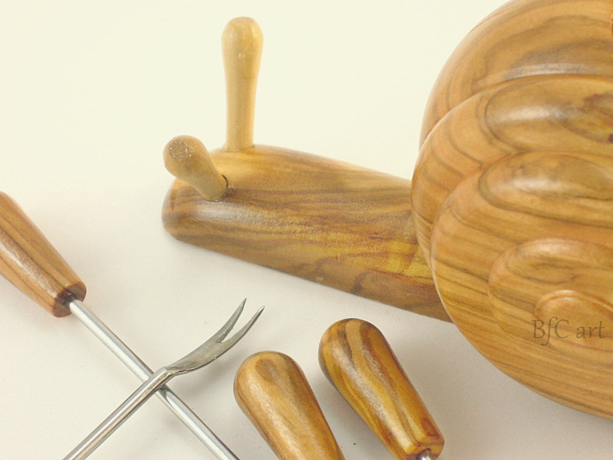Olive Wood Snail Skewer Set, Appetizer Picks, Snack Utensil