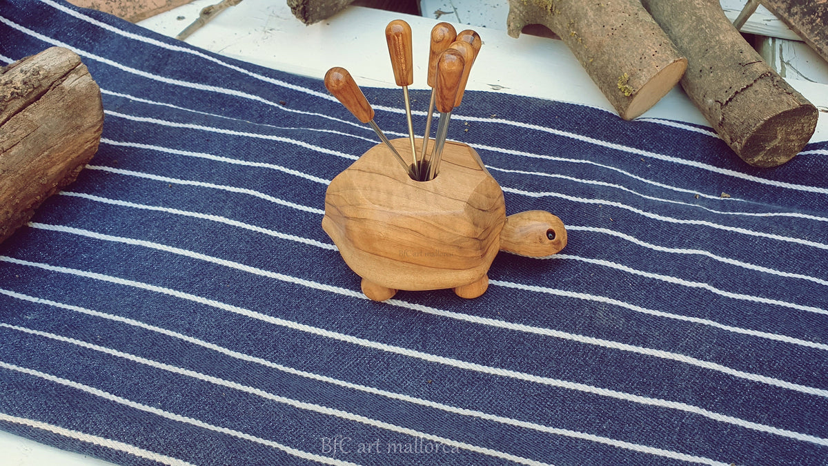 Olive Wood Turtle Toothpick Holder with Metal Skewers