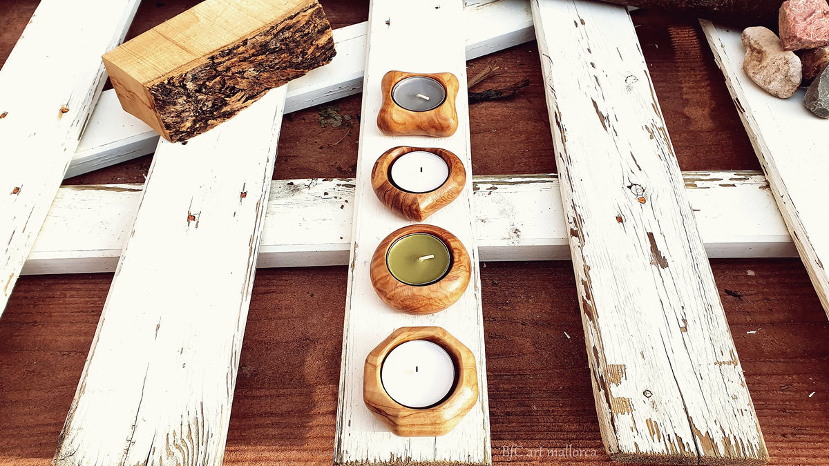 Olive Wood Tealight Candle Holder Set, Handmade Centerpiece