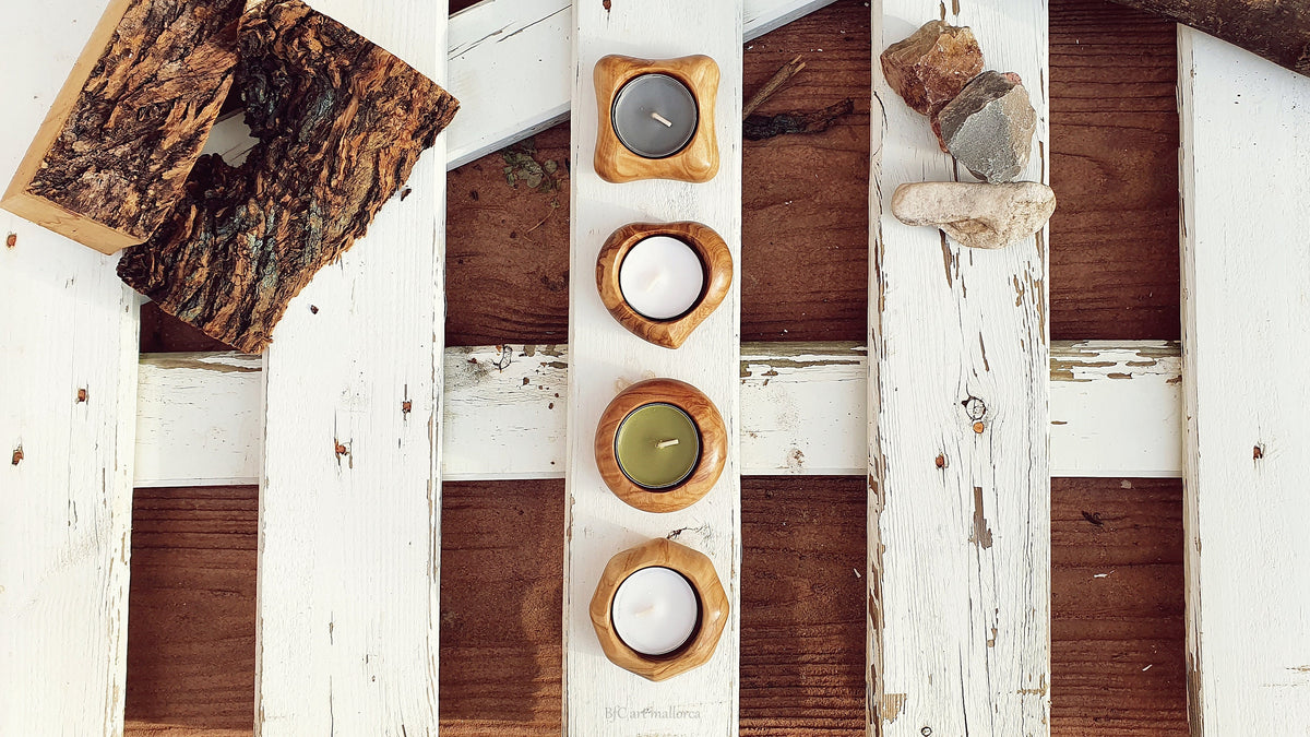Olive Wood Tealight Candle Holder Set, Handmade Centerpiece