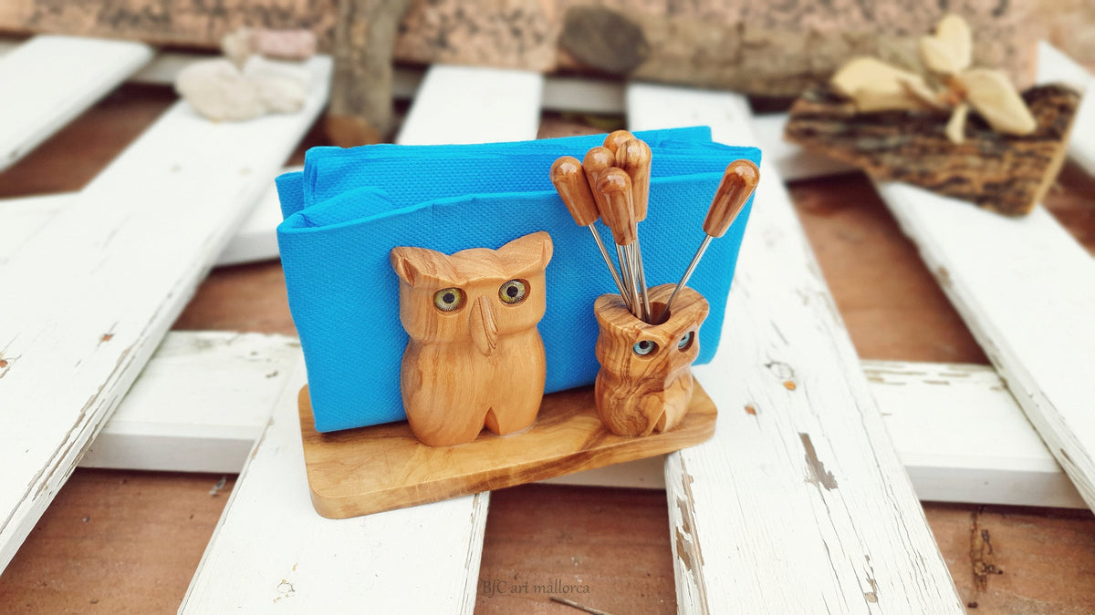 Handmade Olive Wood Owl Napkin Holder & Skewer Set