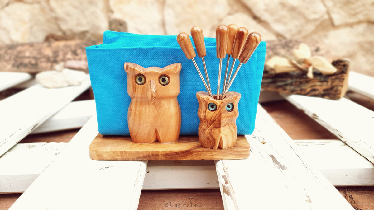 Handmade Olive Wood Owl Napkin Holder & Skewer Set