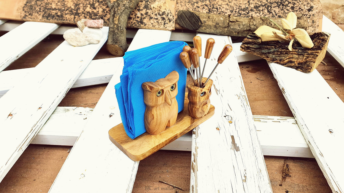 Handmade Olive Wood Owl Napkin Holder & Skewer Set