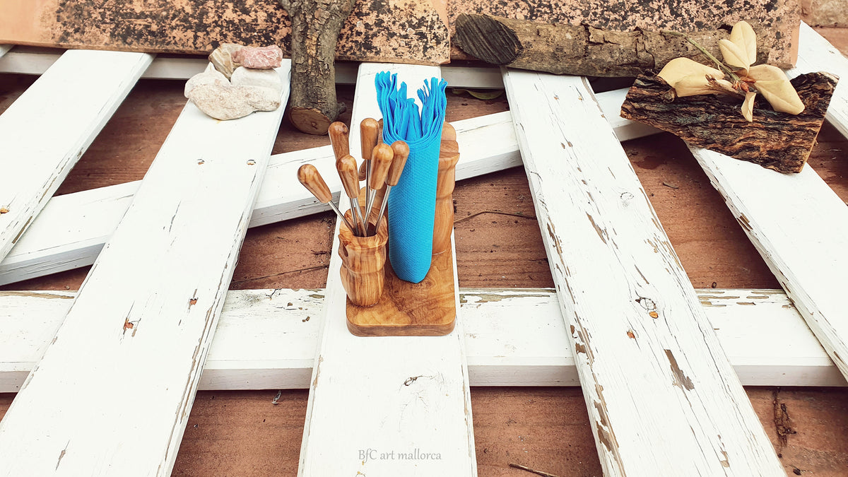 Handmade Olive Wood Owl Napkin Holder & Skewer Set