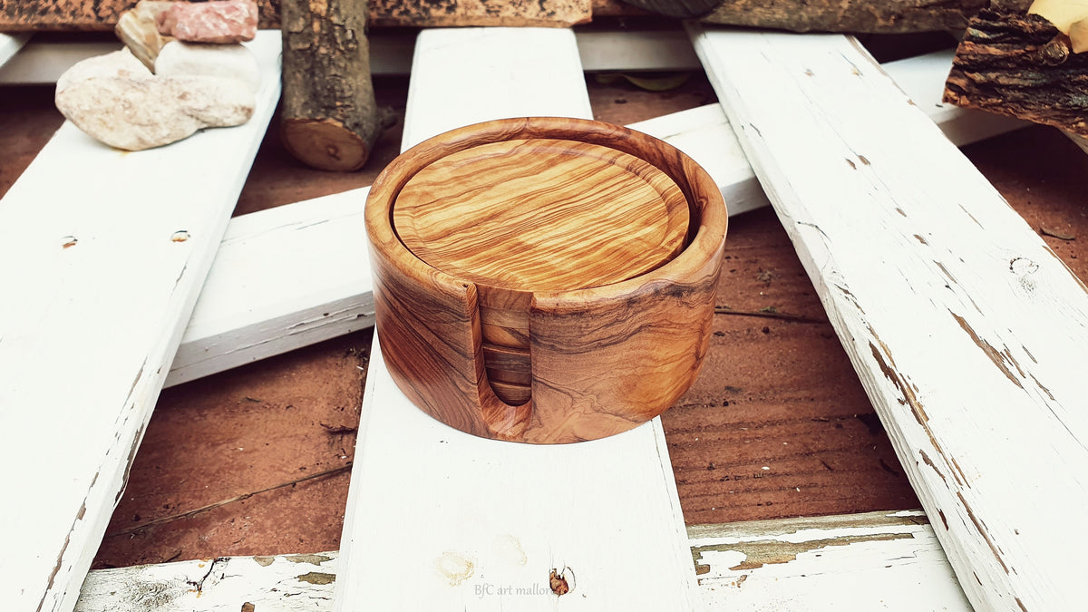 Olive Wood Coasters with Holder, Round Cup Coasters, Set of 6