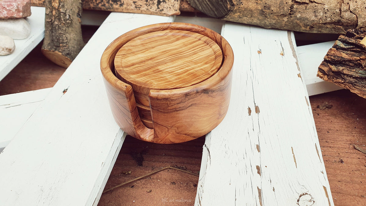 Olive Wood Coasters with Holder, Round Cup Coasters, Set of 6