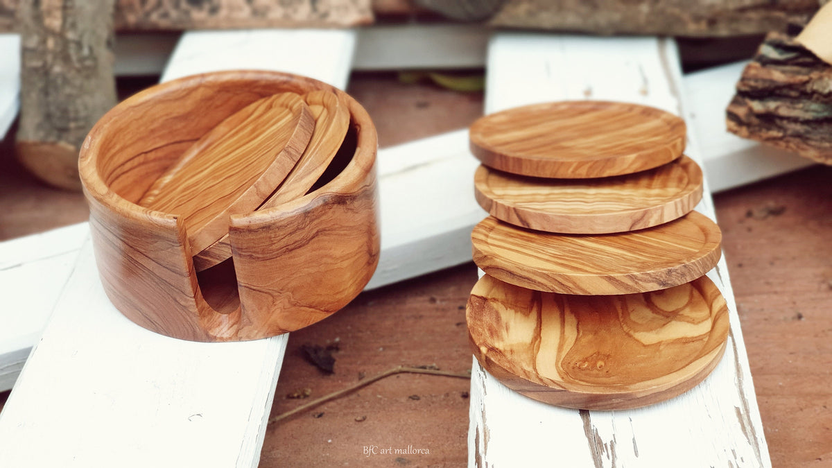 Olive Wood Coasters with Holder, Round Cup Coasters, Set of 6