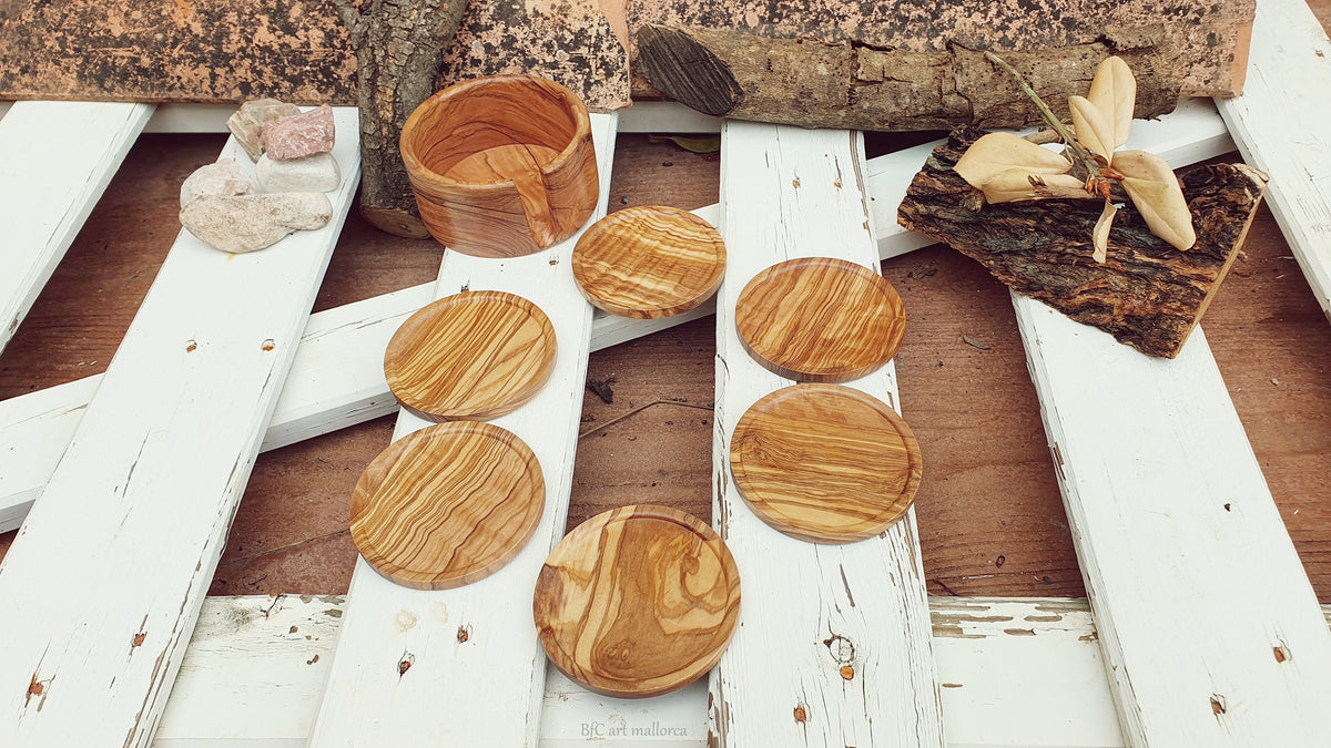 Olive Wood Coasters with Holder, Round Cup Coasters, Set of 6