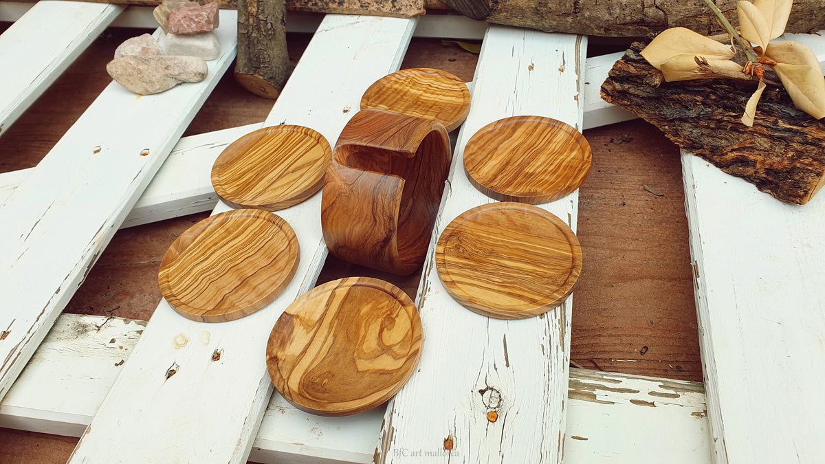 Olive Wood Coasters with Holder, Round Cup Coasters, Set of 6