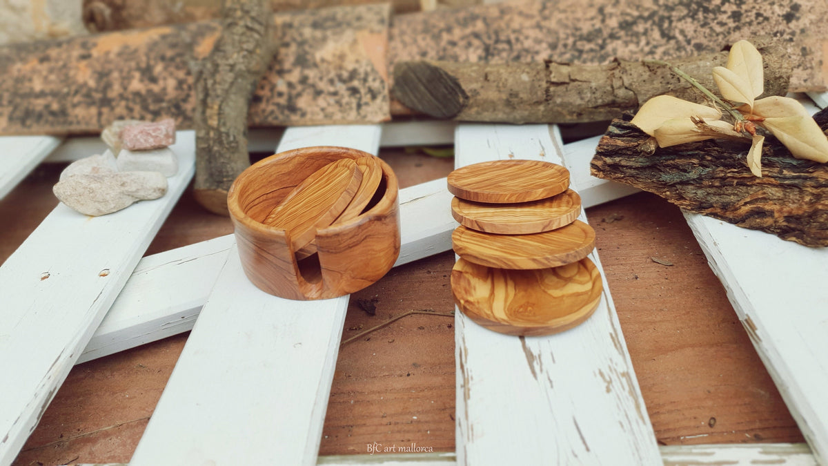 Olive Wood Coasters with Holder, Round Cup Coasters, Set of 6