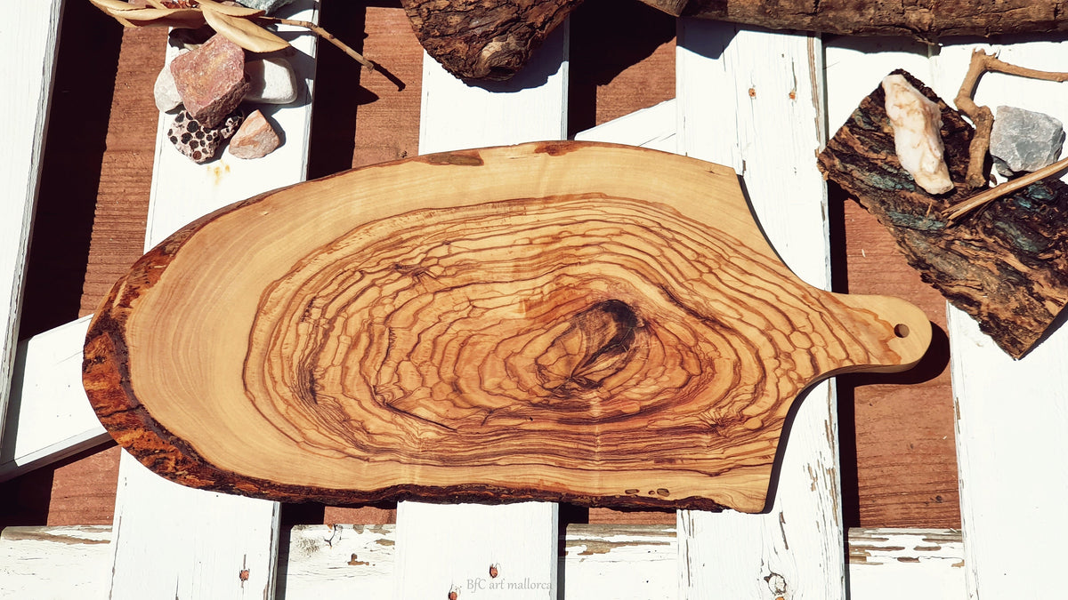 Rustic Olive Wood Cutting Board with Bark Edge, Handmade Handle Board