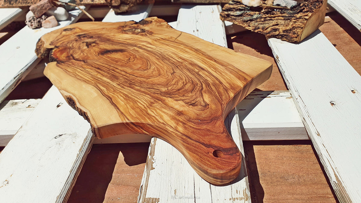 Rustic Olive Wood Cutting Board with Bark Edge, Handmade Handle Board