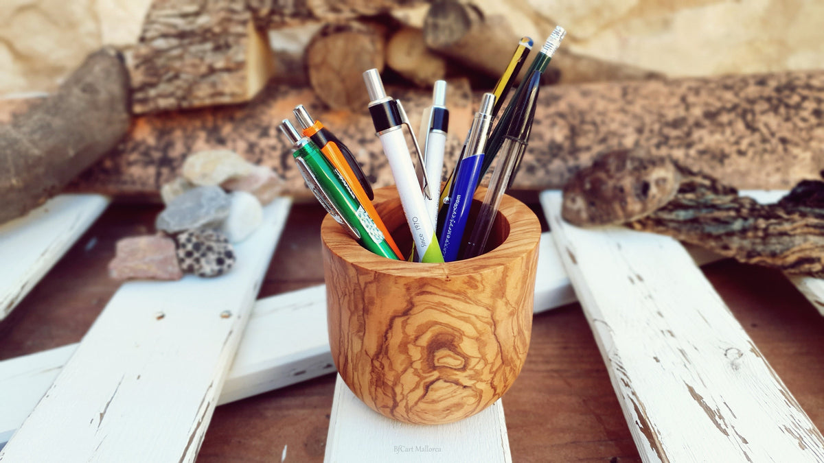 Olive Wood Pencil Cup, Desk Organizer, Handmade in Mallorca