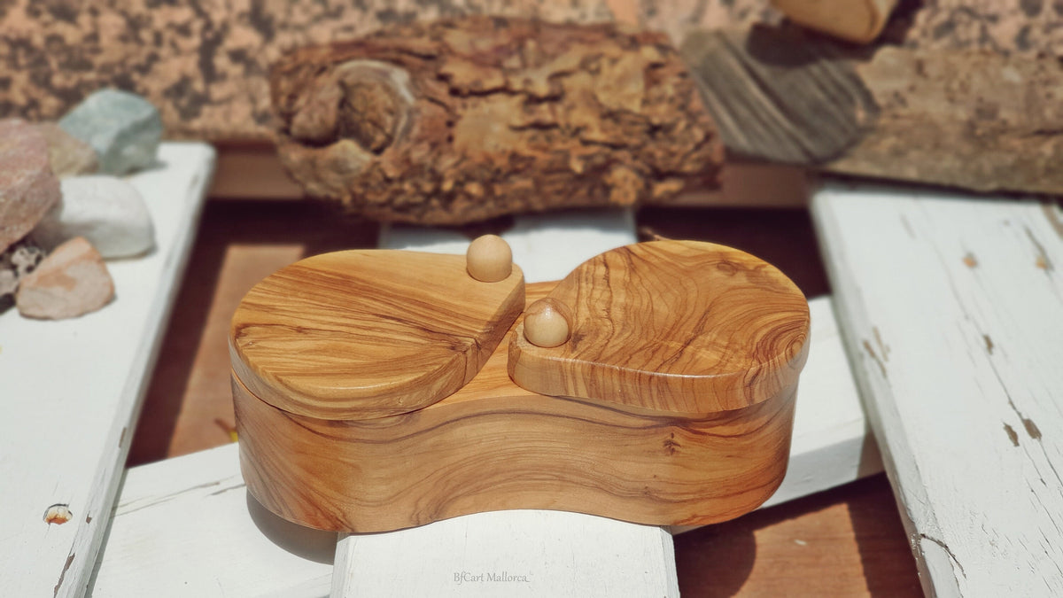 Olive Wood Double Salt Cellar, Sliding Lid Salt Container