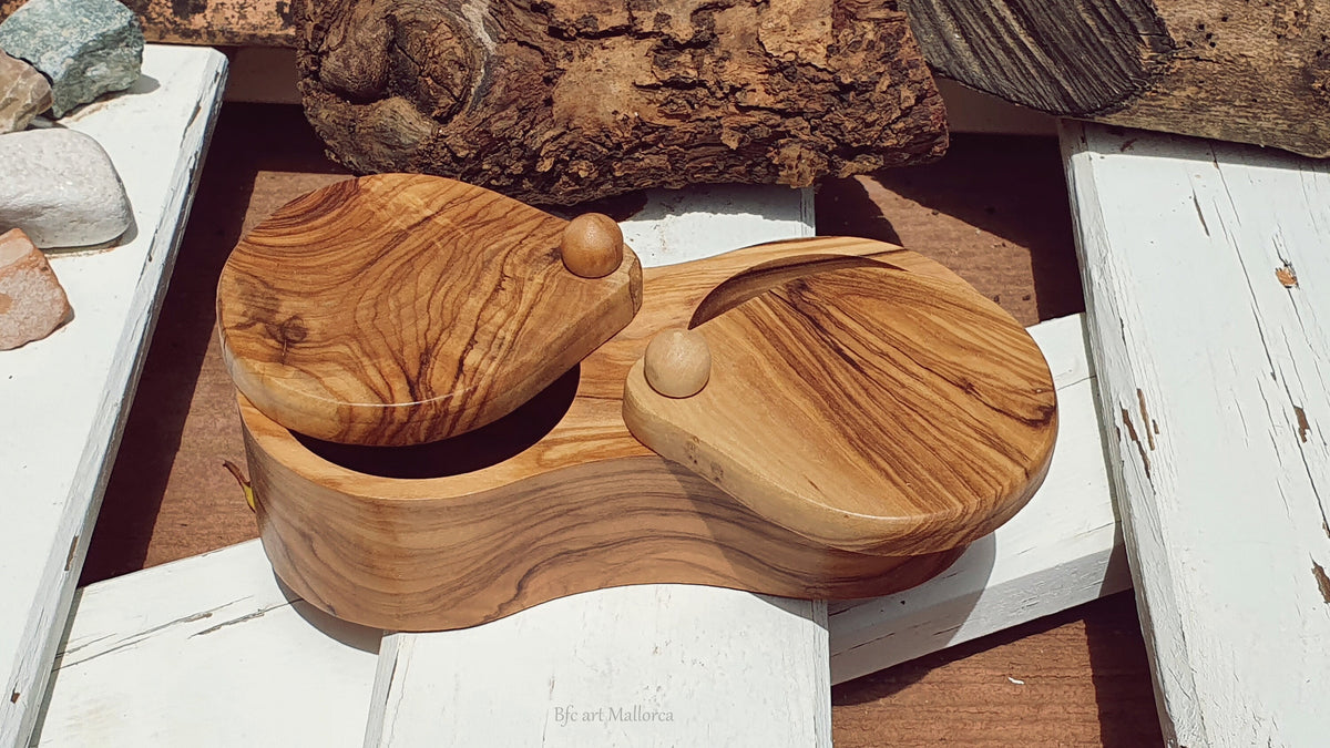 Olive Wood Double Salt Cellar, Sliding Lid Salt Container