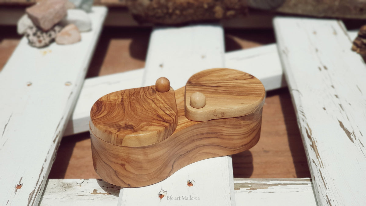 Olive Wood Double Salt Cellar, Sliding Lid Salt Container