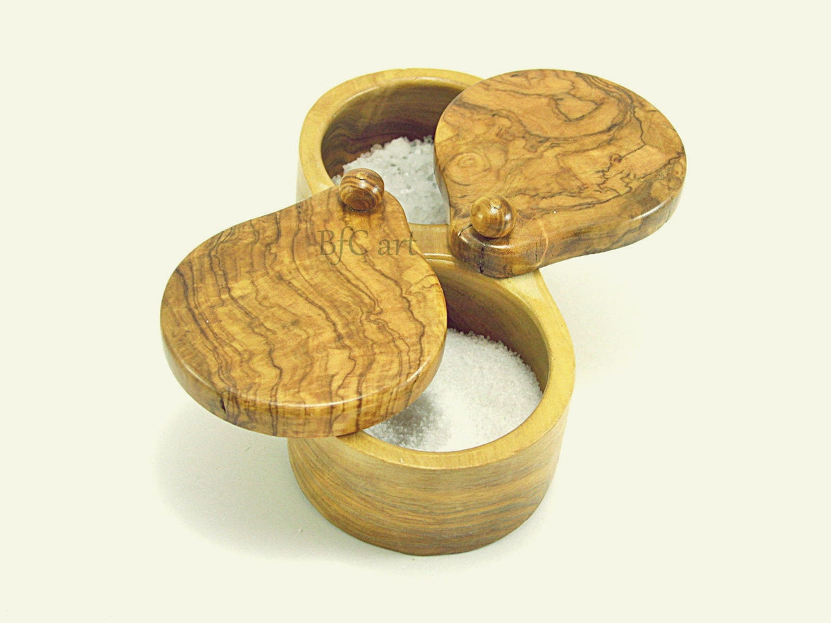 Olive Wood Double Salt Cellar, Sliding Lid Salt Container