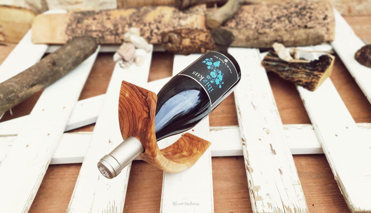 Olive Wood Wine Bottle Holder, Handmade Balancing Tabletop Stand