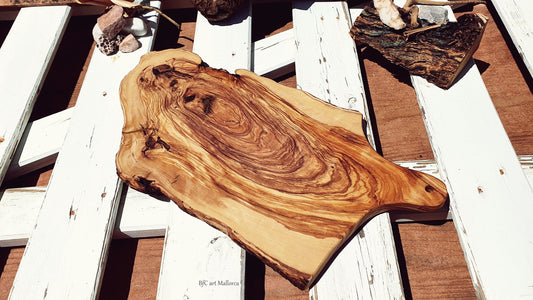 Rustic Olive Wood Cutting Board with Bark Edge and Handle | Handmade, Unique Design by BFC Art Mallorca