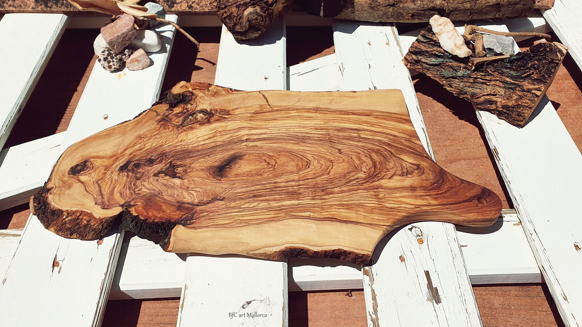 Rustic Olive Wood Cutting Board with Bark Edge, Handmade Handle Board