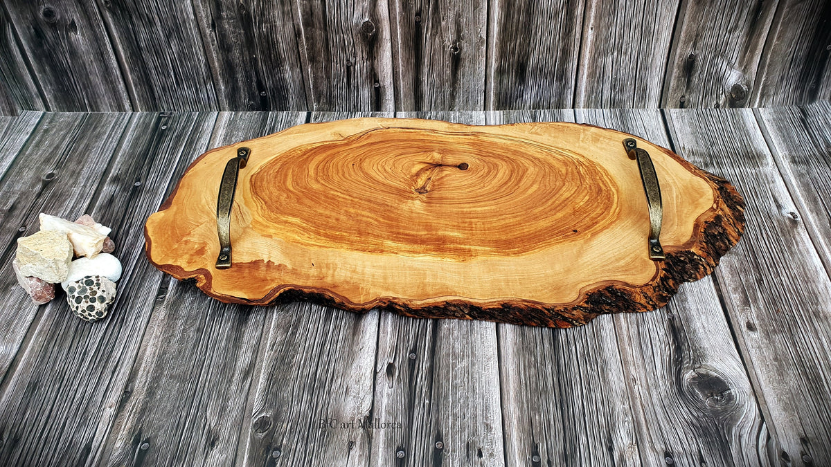 Rustic Olive Wood Charcuterie Board with Metal Handles