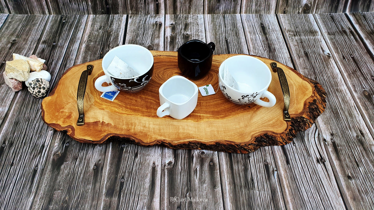 Rustic Olive Wood Charcuterie Board with Metal Handles