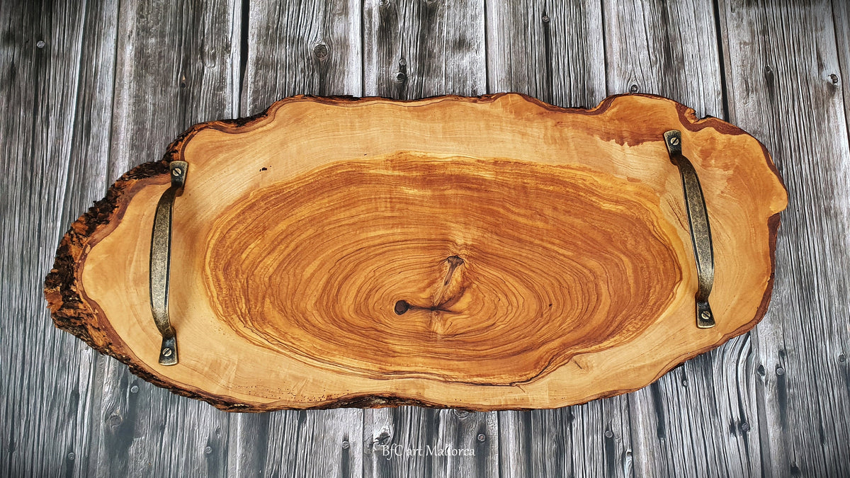 Rustic Olive Wood Charcuterie Board with Metal Handles