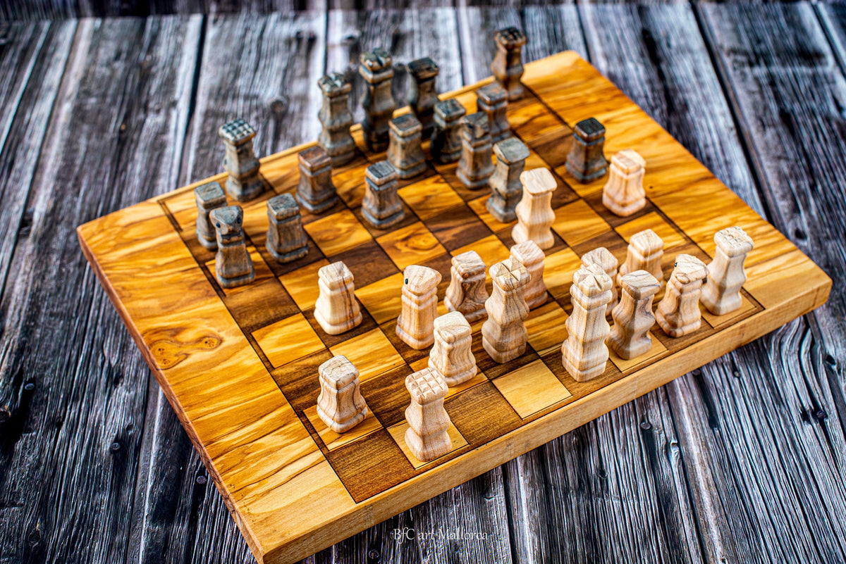 Handmade Olive Wood Chess and Backgammon Set with Unique Pieces
