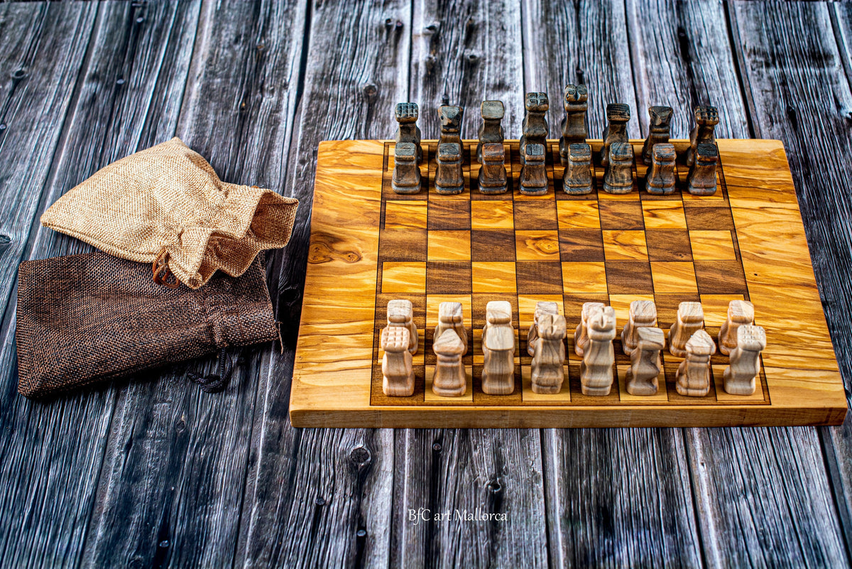 Handmade Olive Wood Chess and Backgammon Set with Unique Pieces