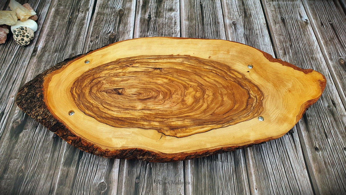 Rustic Olive Wood Charcuterie Board with Metal Handles