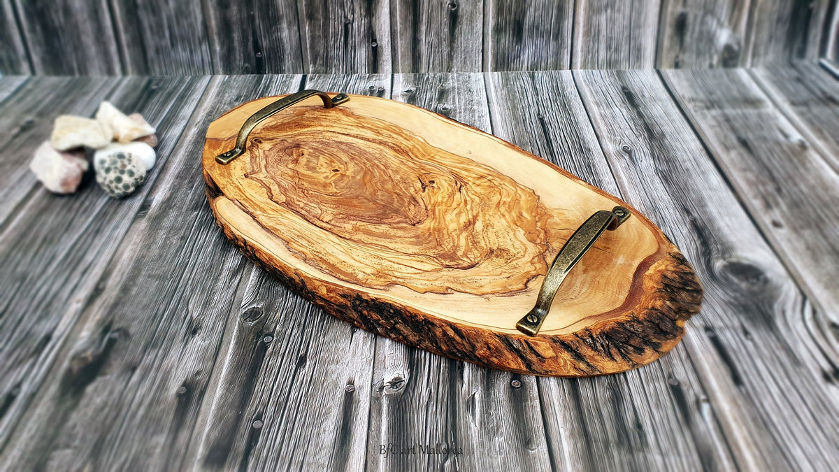 Rustic Olive Wood Charcuterie Board with Metal Handles