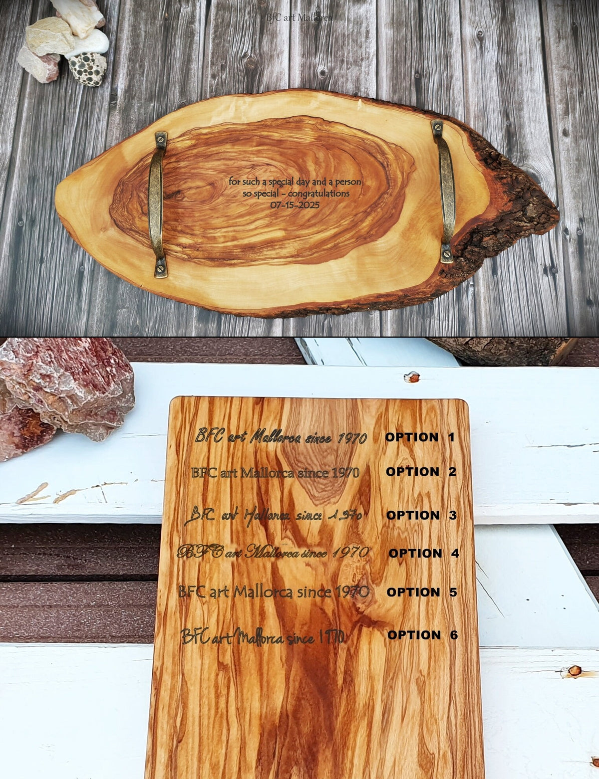 Rustic Olive Wood Charcuterie Board with Metal Handles