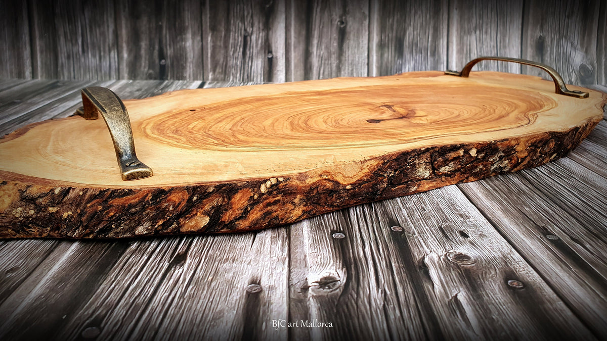 Rustic Olive Wood Charcuterie Board with Metal Handles