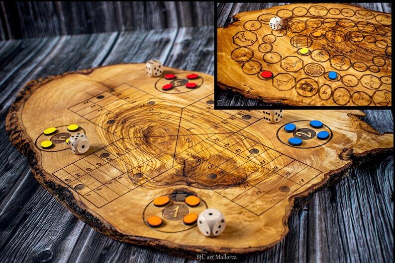 Handmade Olive Wood Ludo Board Game, Rustic Parcheesi Game, Family Wooden Game Gift