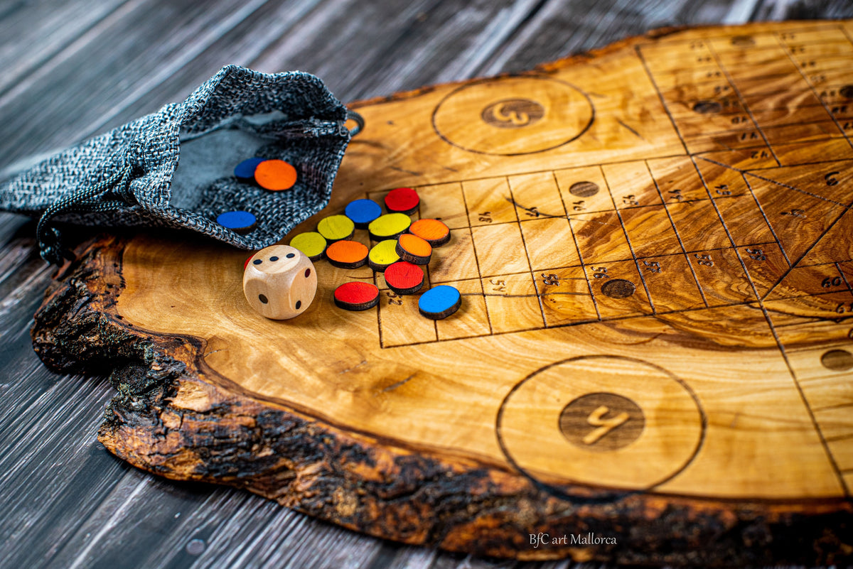 Handmade Olive Wood Ludo Board Game, Rustic Parcheesi Game, Family Wooden Game Gift