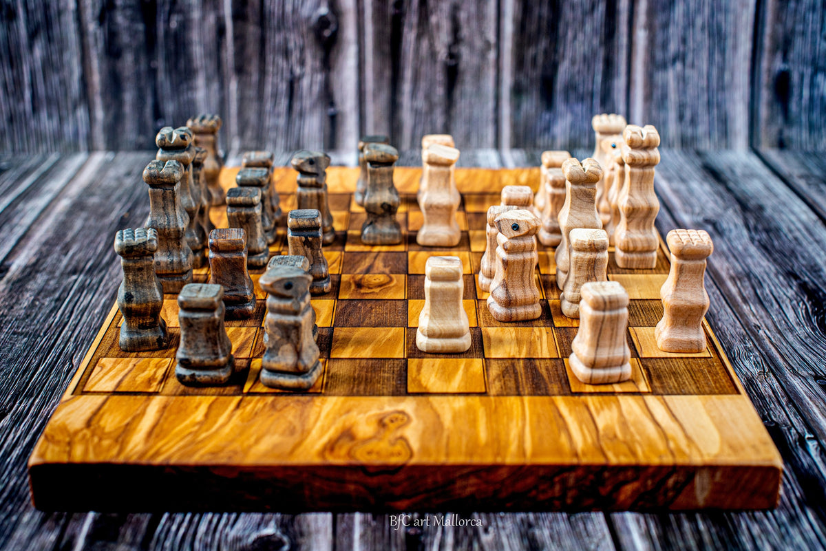Handmade Olive Wood Chess and Backgammon Set with Unique Pieces