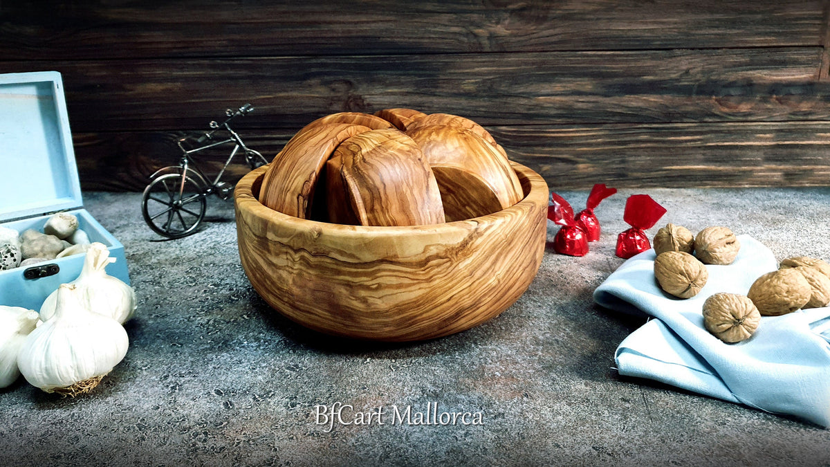 Set big Bowl and 6 Individual Olive Wood small Bowls, Mixing bowl and main large bowl, Main bowl and 6 serving bowl Appetizers and Sauces
