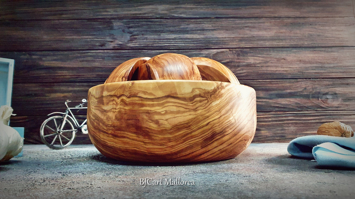 Set big Bowl and 6 Individual Olive Wood small Bowls, Mixing bowl and main large bowl, Main bowl and 6 serving bowl Appetizers and Sauces