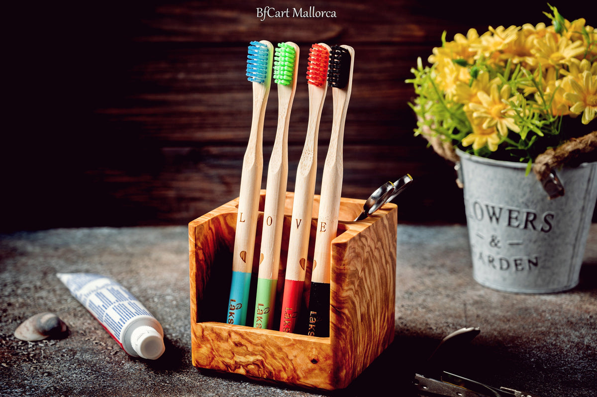 Custom Olive Wood Toothbrush Holder, Family Gift