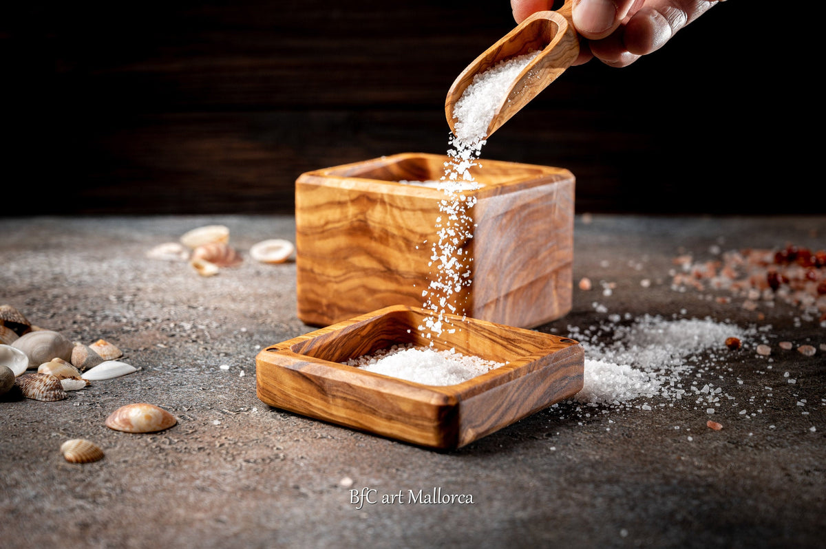 Custom Olive Wood Salt Cellar: Magnetic Lid & Spoon