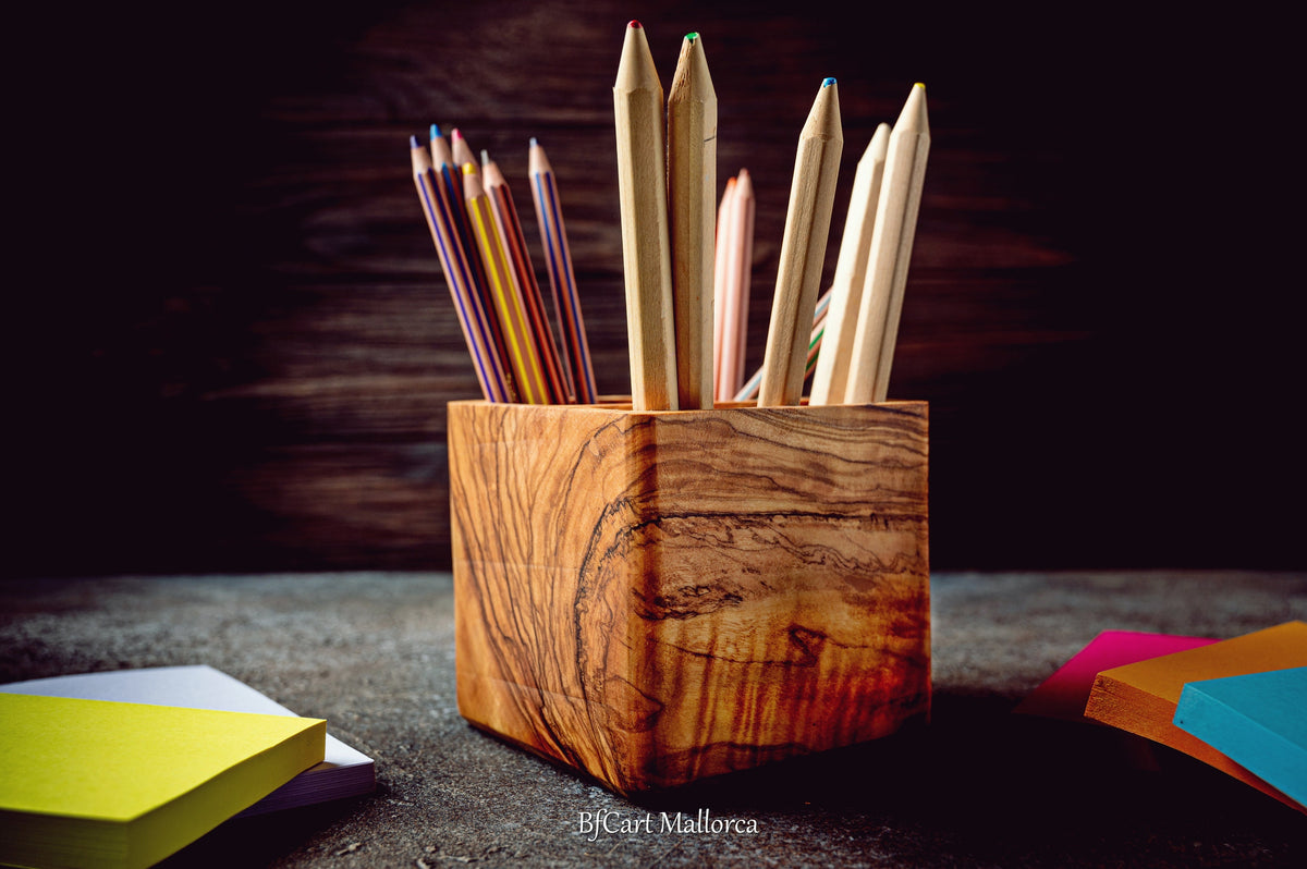 Handmade Olive Wood Square Pencil Holder, Desk Organizer