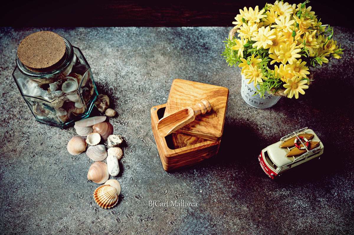 Custom Olive Wood Salt Cellar: Magnetic Lid & Spoon