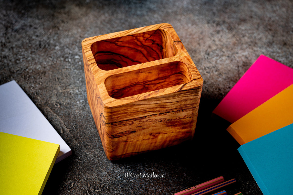 Handmade Olive Wood Square Pencil Holder, Desk Organizer