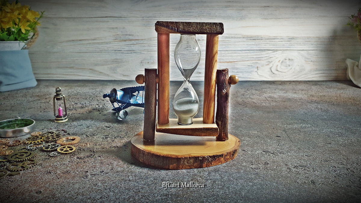 Handmade Olive Wood Hourglass, Rustic 5 Minute Sand Timer