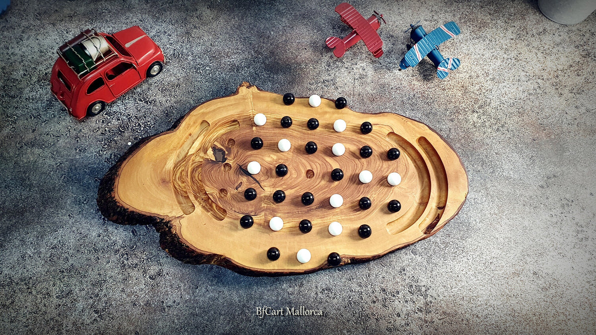 Marble Solitaire Game Board With 36 Glass Balls Handmade Olive Wood customizable, Vintage Classic Solitaire Board Game, Classic Board Game