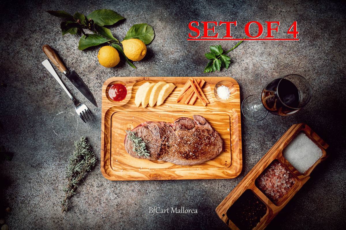 Set of 4 Steak Boards for Meat and Barbecues, Steak Plate set with Juice Channel, Olive Wood Meat Plate, BBQ Meals Serving Board Grill Plate