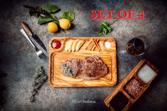 Set of 4 Steak Boards for Meat and Barbecues, Steak Plate set with Juice Channel, Olive Wood Meat Plate, BBQ Meals Serving Board Grill Plate