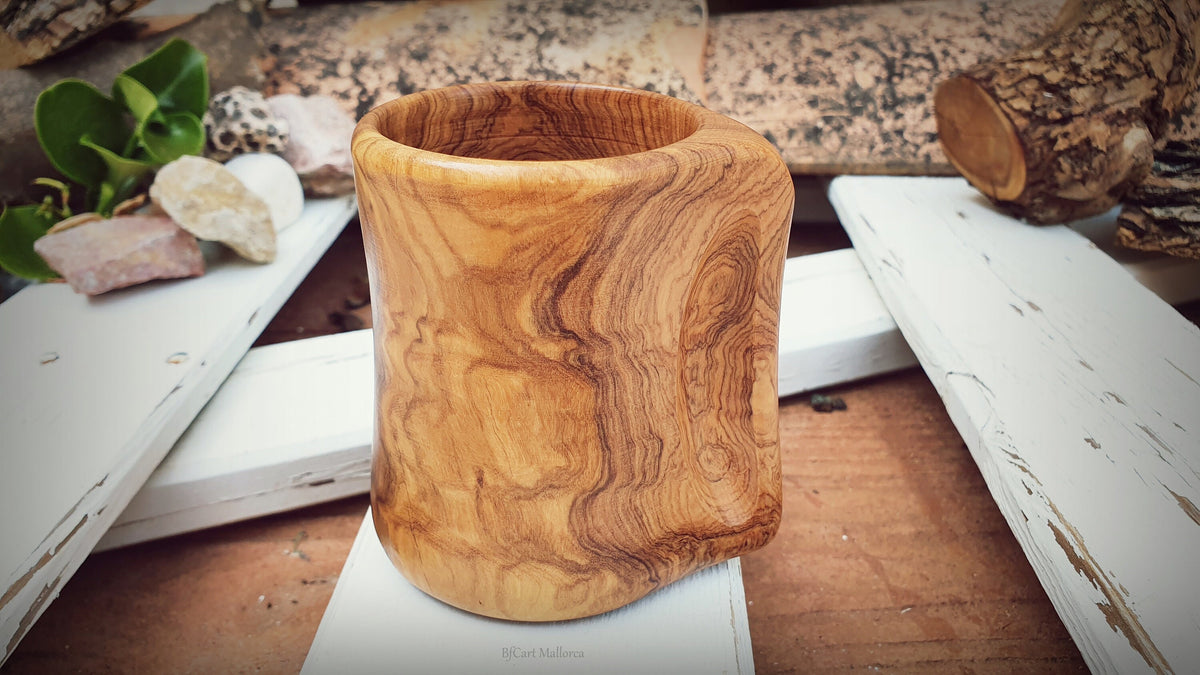 Handmade Olive Wood Mug with Handle – 250ml Wooden Coffee Cup – Rustic Natural Wood Tea Mug – Unique Kitchen Gift