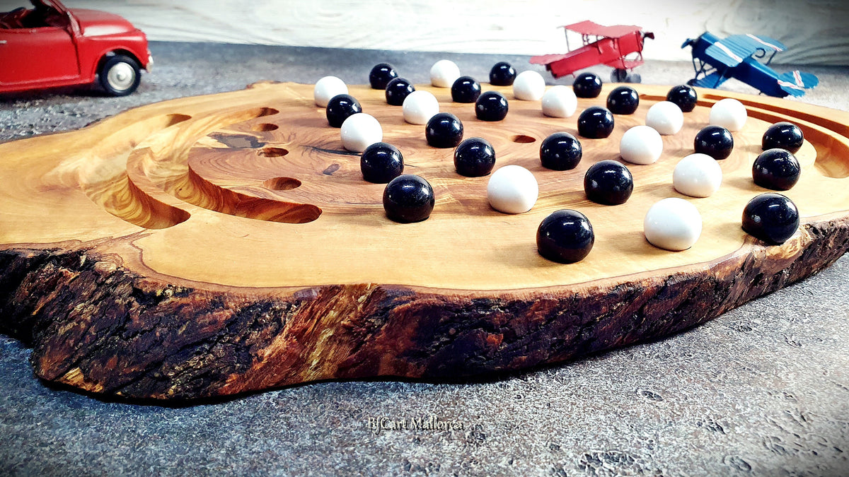 Marble Solitaire Game Board With 36 Glass Balls Handmade Olive Wood customizable, Vintage Classic Solitaire Board Game, Classic Board Game